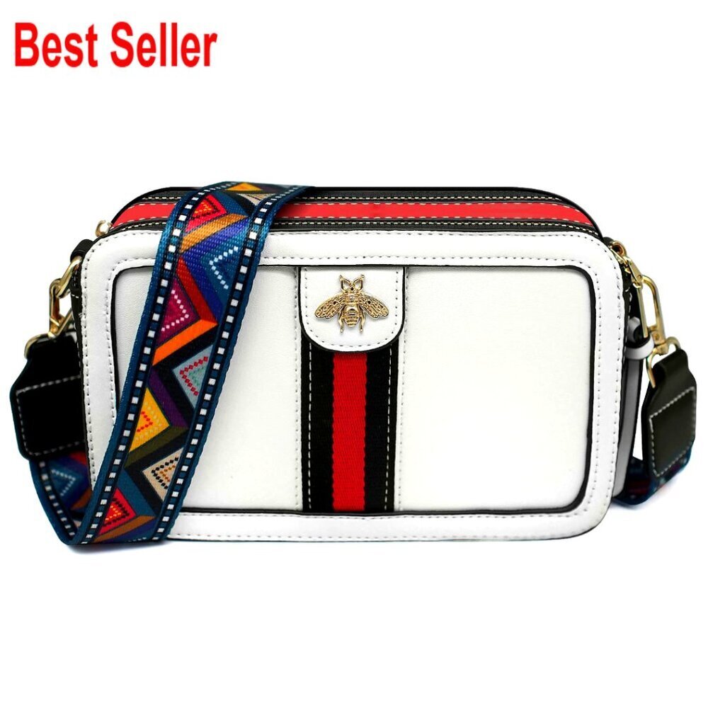PU Leather Crossbody Bag with Bee Design, Two Detachable Straps, Zipper Closure